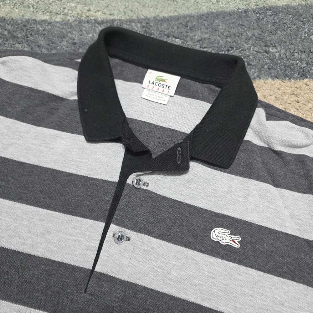 Lacoste Sport Polo Shirt Mens 6 Gray Black Orange Striped Short Sleeve Classic
